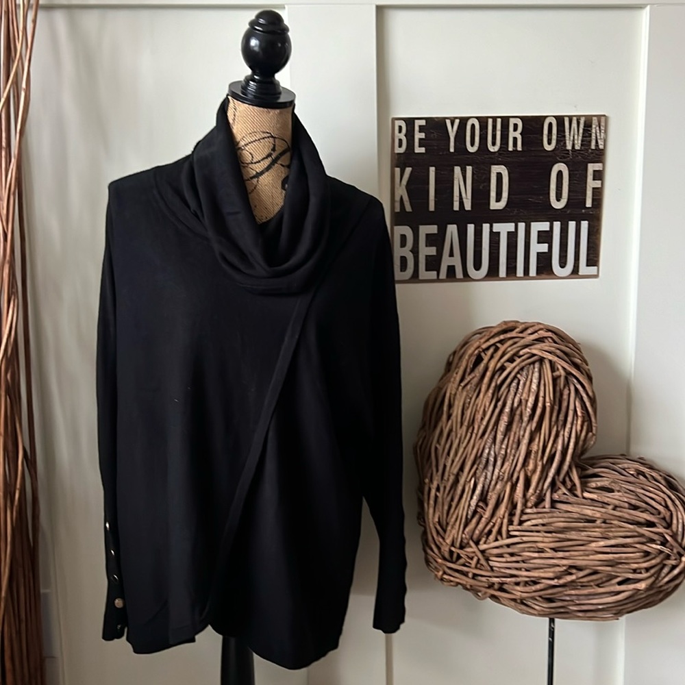 New Directions Black Cowl Neck Sweater with Gold Buttons on Sleeves